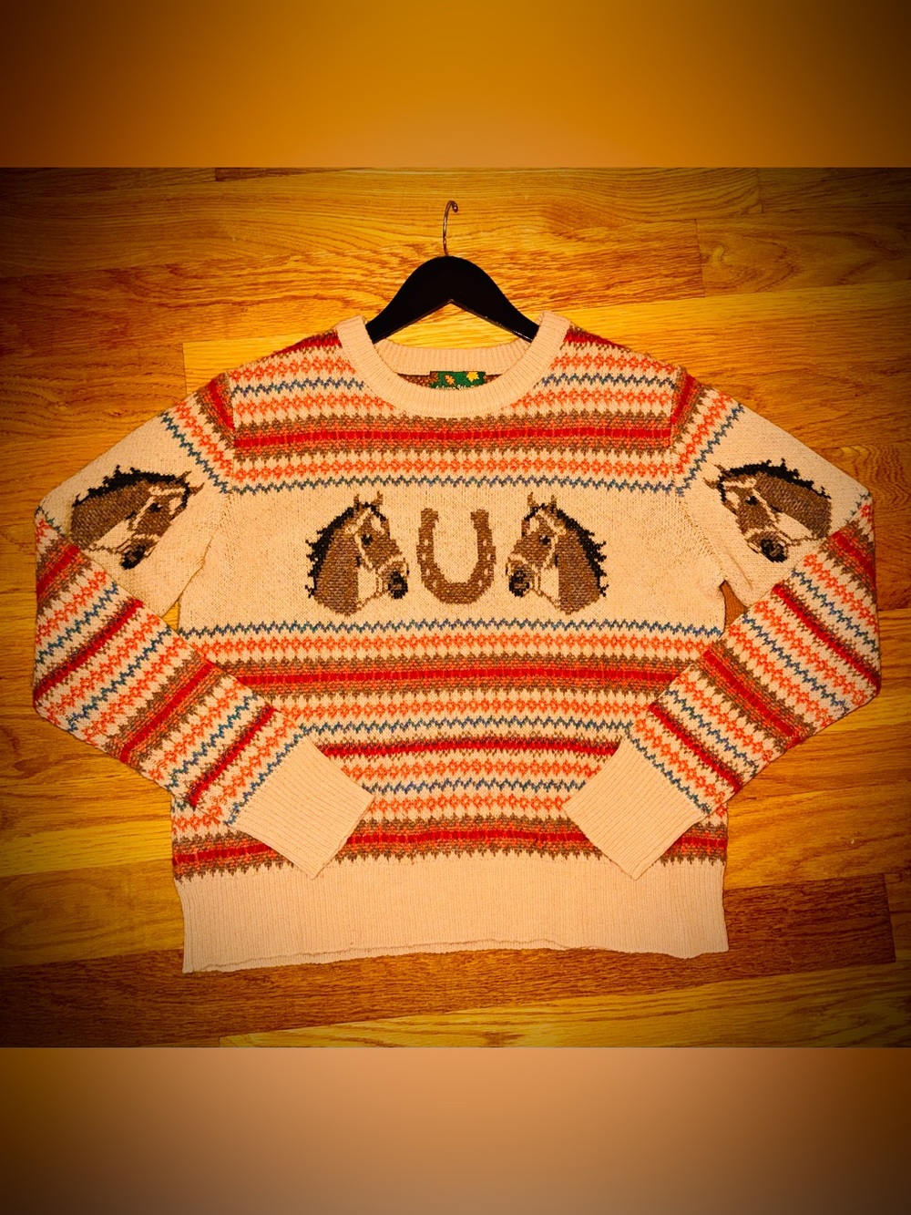 Kiel James Patrick Cream Crewneck with Horse & Striped Fair Isle - Picture 1 of 3